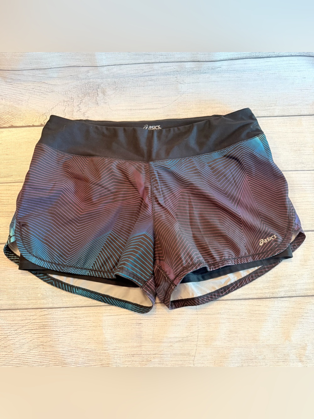 Asics Black Athletic Shorts with Iridescent Blue-Purple Print